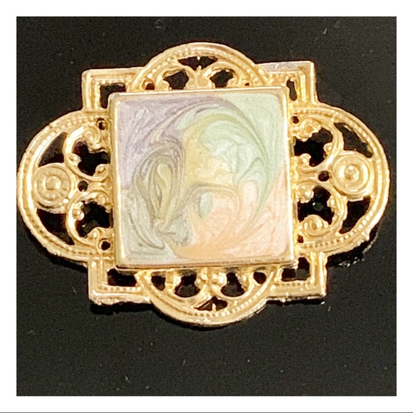 vintage 1980s gold tone open work swirled enamel framed  brooch pin - Picture 1 of 5